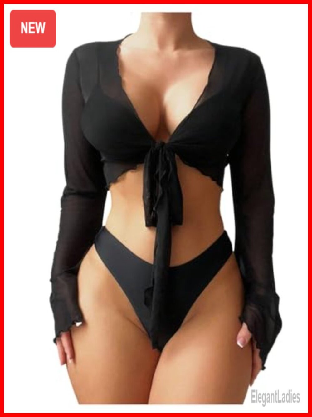 Sheer Mesh Tie Front Long Sleeve Swimsuit Cover Up Top Beach Pool
